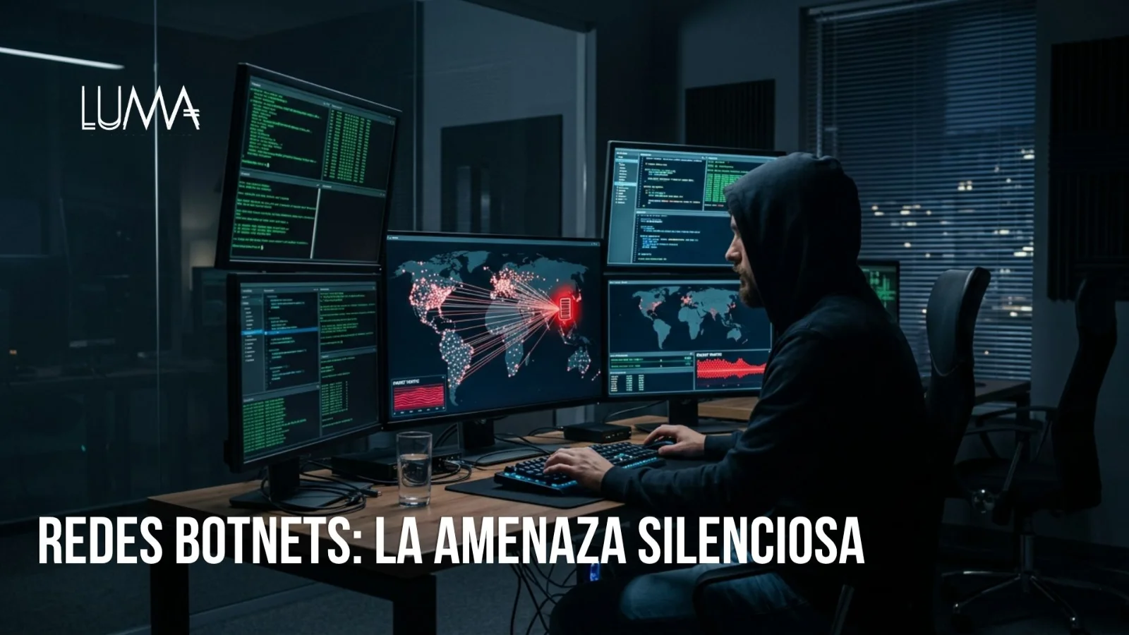 Diagrama técnico de infraestructura de ciberseguridad que ilustra un ciberdelincuente (bot-herder) controlando mediante un servidor C2 una red distribuida de dispositivos informáticos e IoT comprometidos (red zombi).